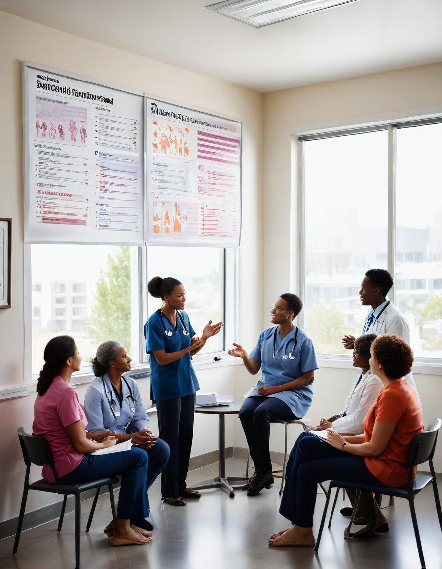 A serene medical office setting featuring a diverse group of patients discussing health tips with a compassionate doctor. Include vibrant charts on cancer awareness and screening recommendations in the background, with light streaming in through a window, creating an inviting atmosphere. The doctor is gesturing towards a wellness poster on the wall. super-realistic. vibrant colors. white background.