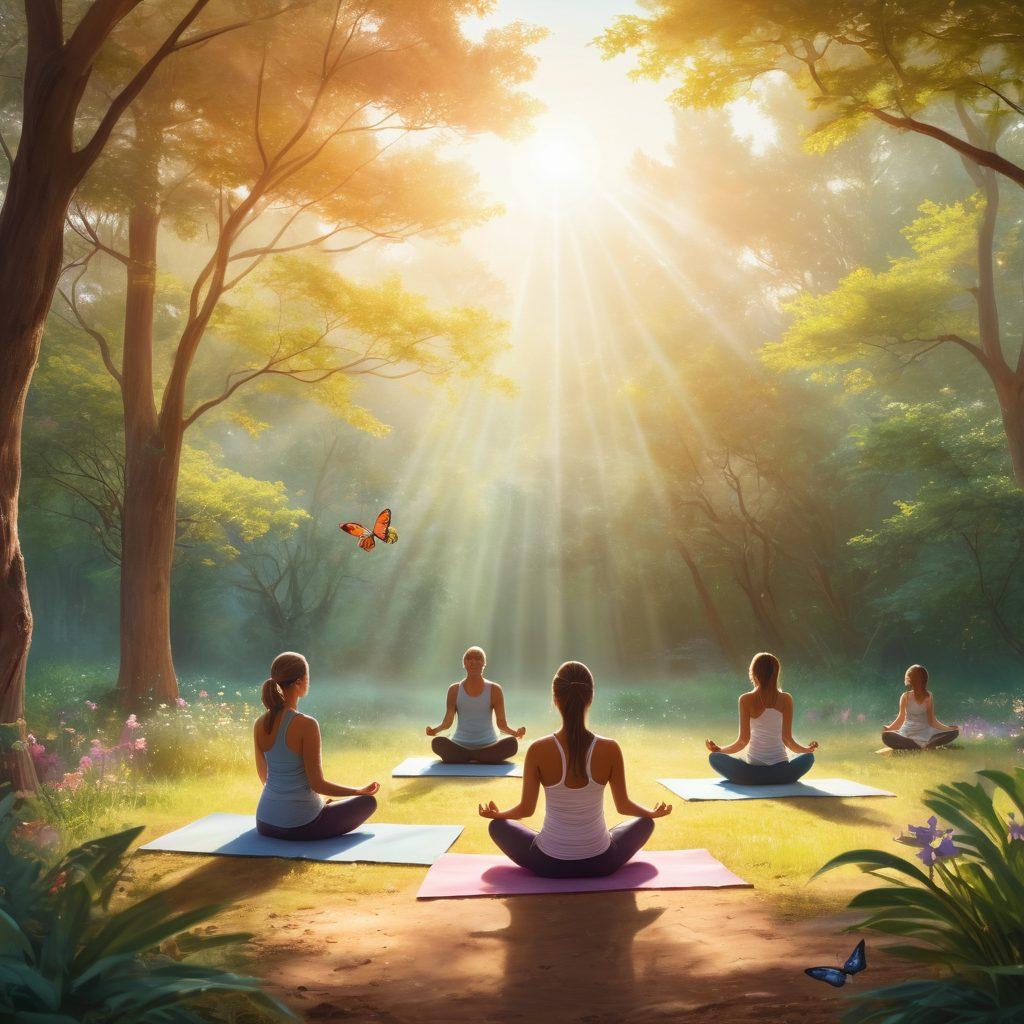 A serene scene depicting a diverse group of people engaged in various holistic wellness activities, such as meditation, yoga, and group therapy, set in a tranquil natural environment. Soft sunlight filters through trees, casting a warm glow on their supportive interactions. Include symbols of hope like butterflies or blooming flowers, emphasizing emotional support and resilience. Artistic style should be soft and inviting, with pastel colors and a calm atmosphere. digital painting. vibrant colors.