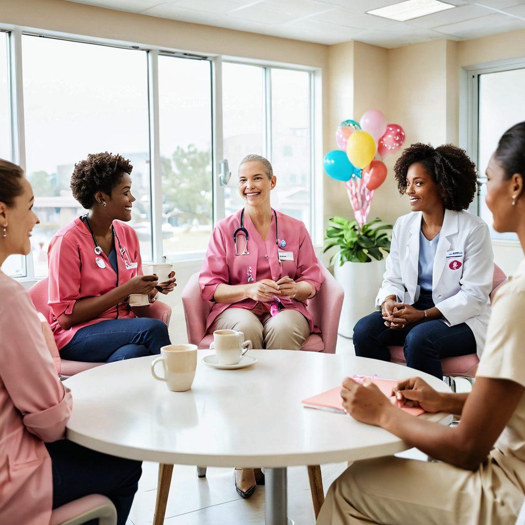 A compassionate healthcare professional engaging with a diverse group of cancer patients in a bright, supportive clinic environment. Incorporate symbols like ribbons representing cancer awareness, coffee cups for casual support conversations, and books filled with the latest oncology research. The scene should radiate hope and empowerment through warm lighting and uplifting expressions. super-realistic. vibrant colors. white background.